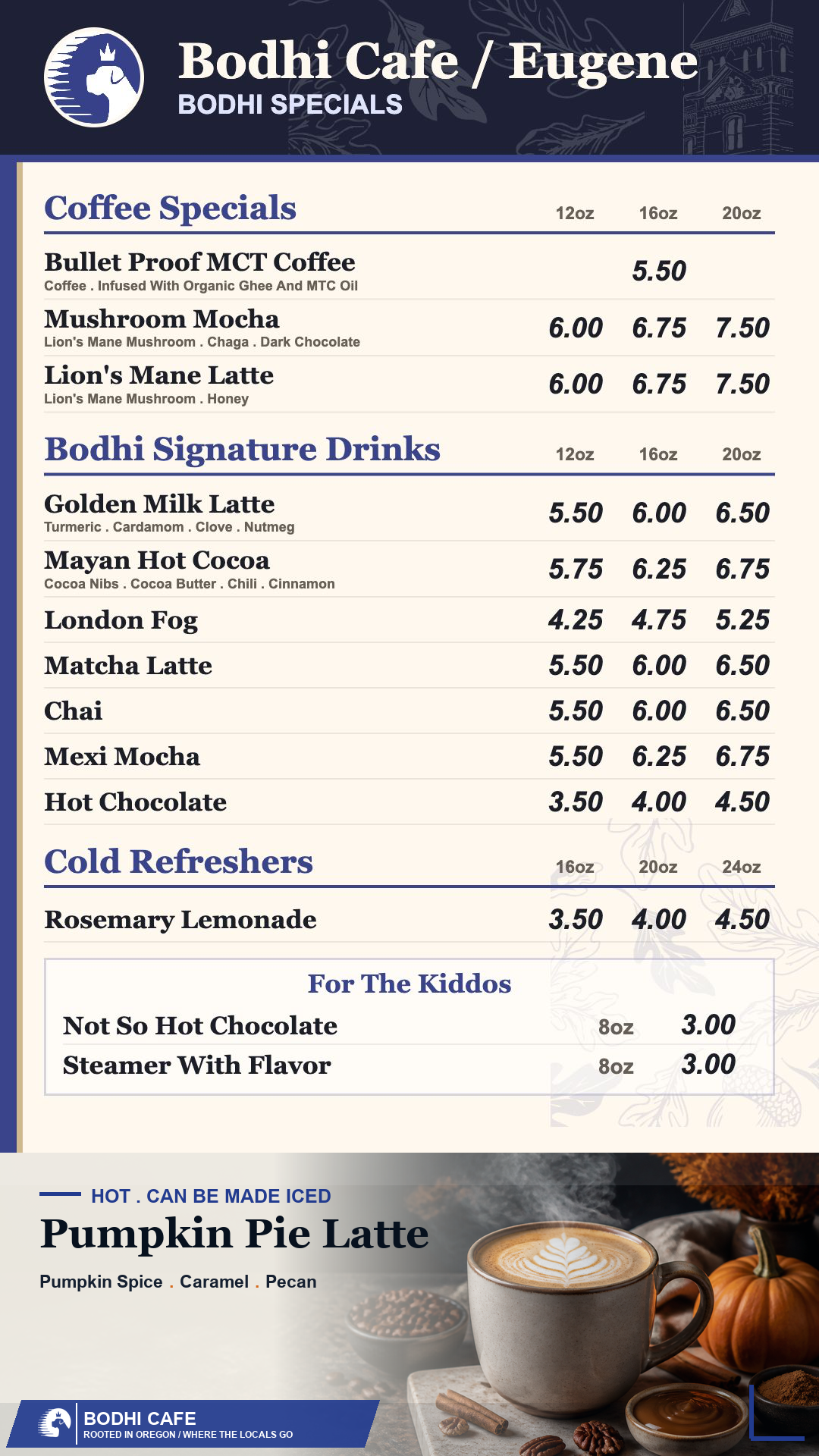 Bodhi Cafe Eugene Bodhi Specials menu board