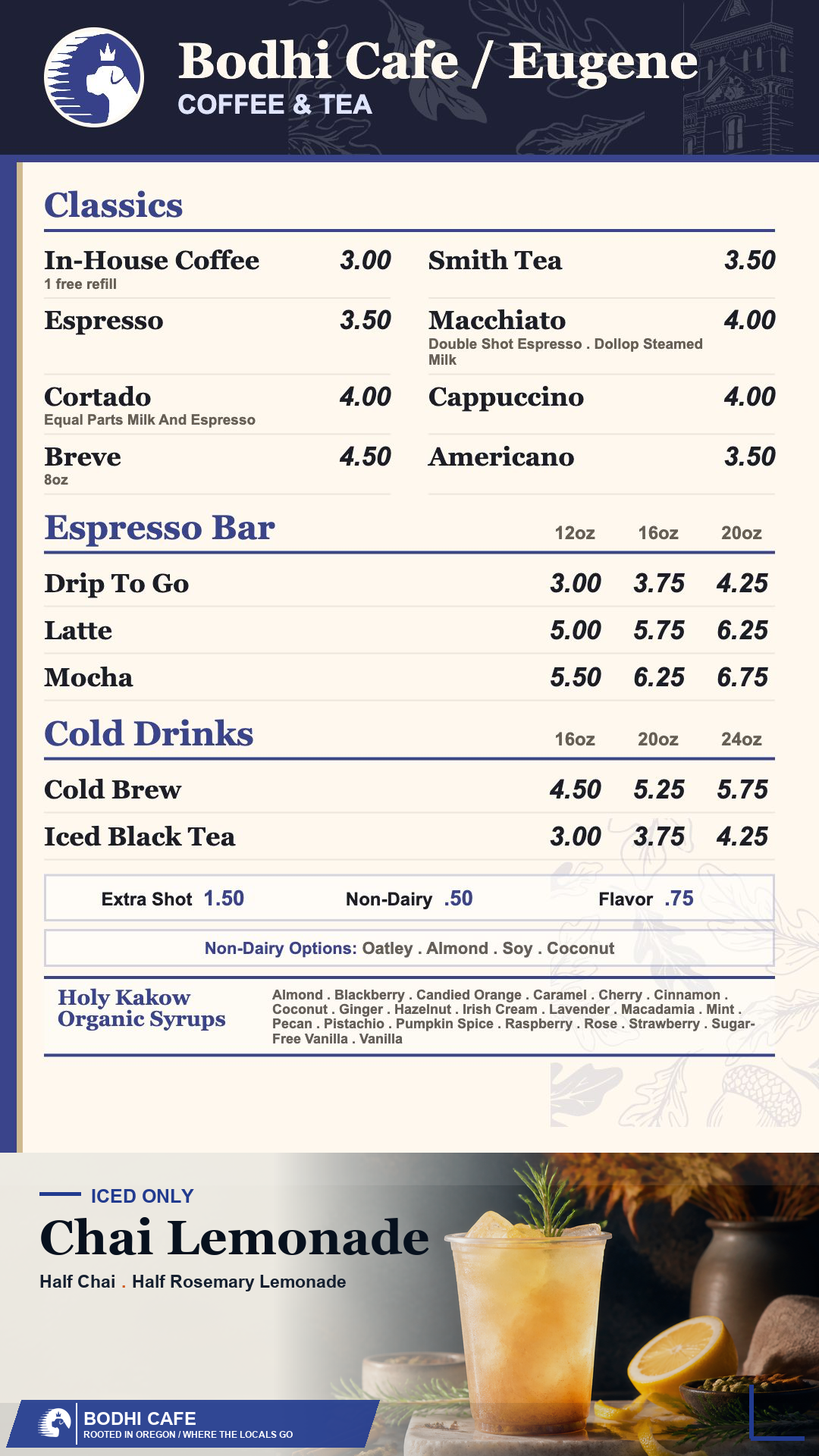 Bodhi Cafe Eugene Coffee & Tea menu board