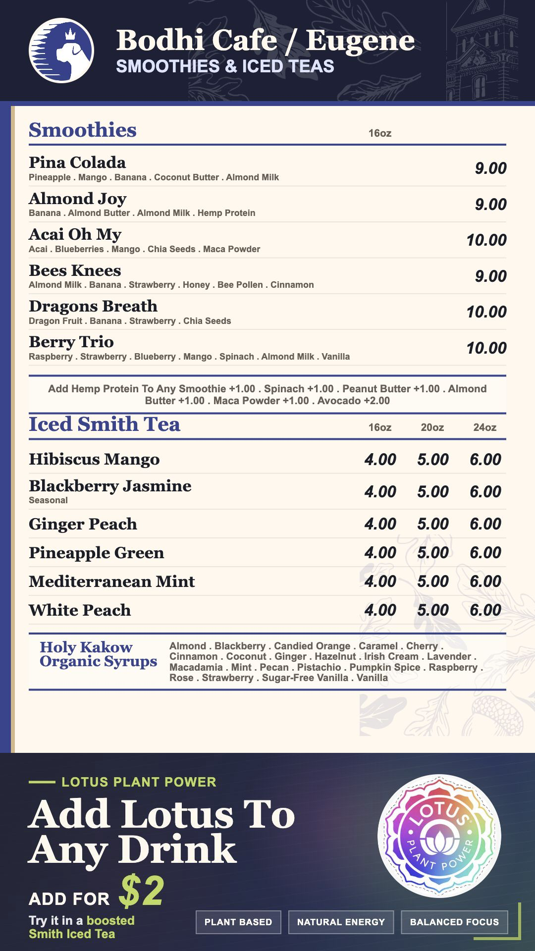 Bodhi Cafe Eugene Smoothies & Iced Teas menu board